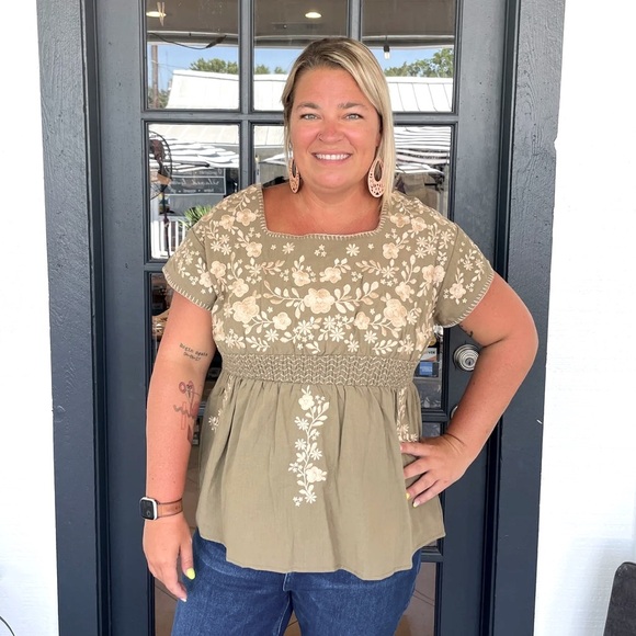 Savanna Jane nwt babydoll shirred waist boho embroidered top LG Peasant feminine - Picture 1 of 9